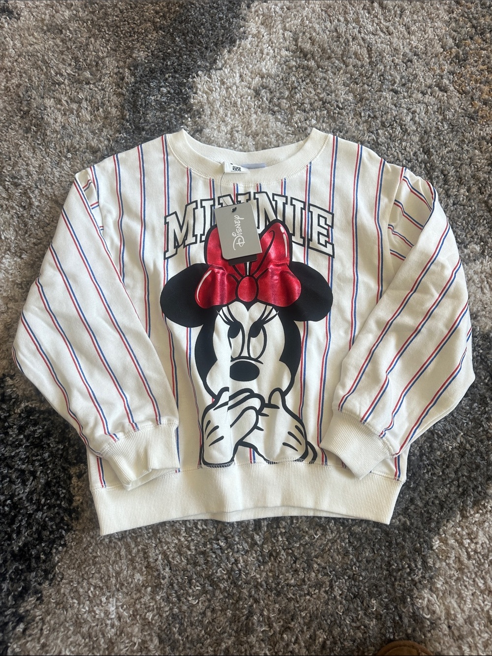 Disney Cream Striped Minnie Pullover with Red Bow Accent